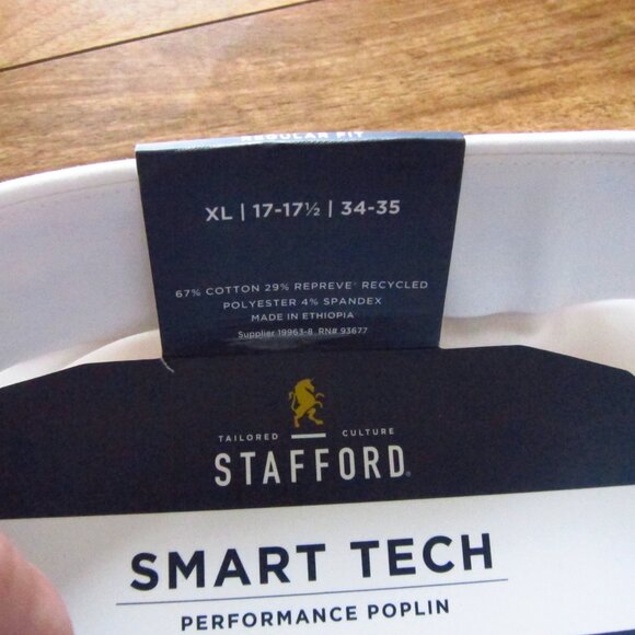 NWT- Mens Stafford White Smart Tech L/S Shirt Performance Poplin 17-17 1/2,34/35 - Picture 5 of 10